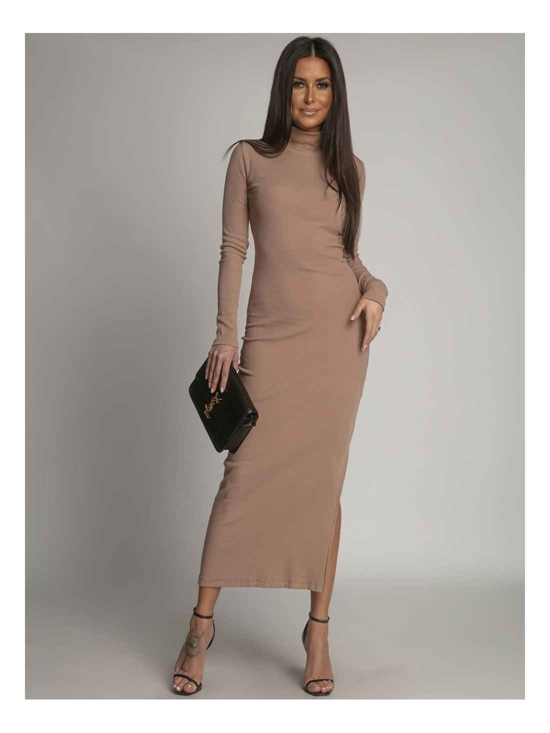 Cotton fitted maxi dress with cappuccino turtleneck FG680